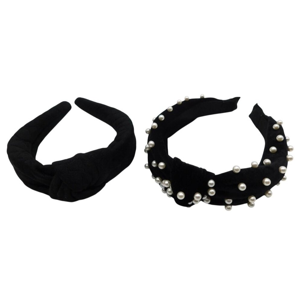 2 Black Twisted Women Headbands Hair Accessories Black Velvet White Faux Pearl